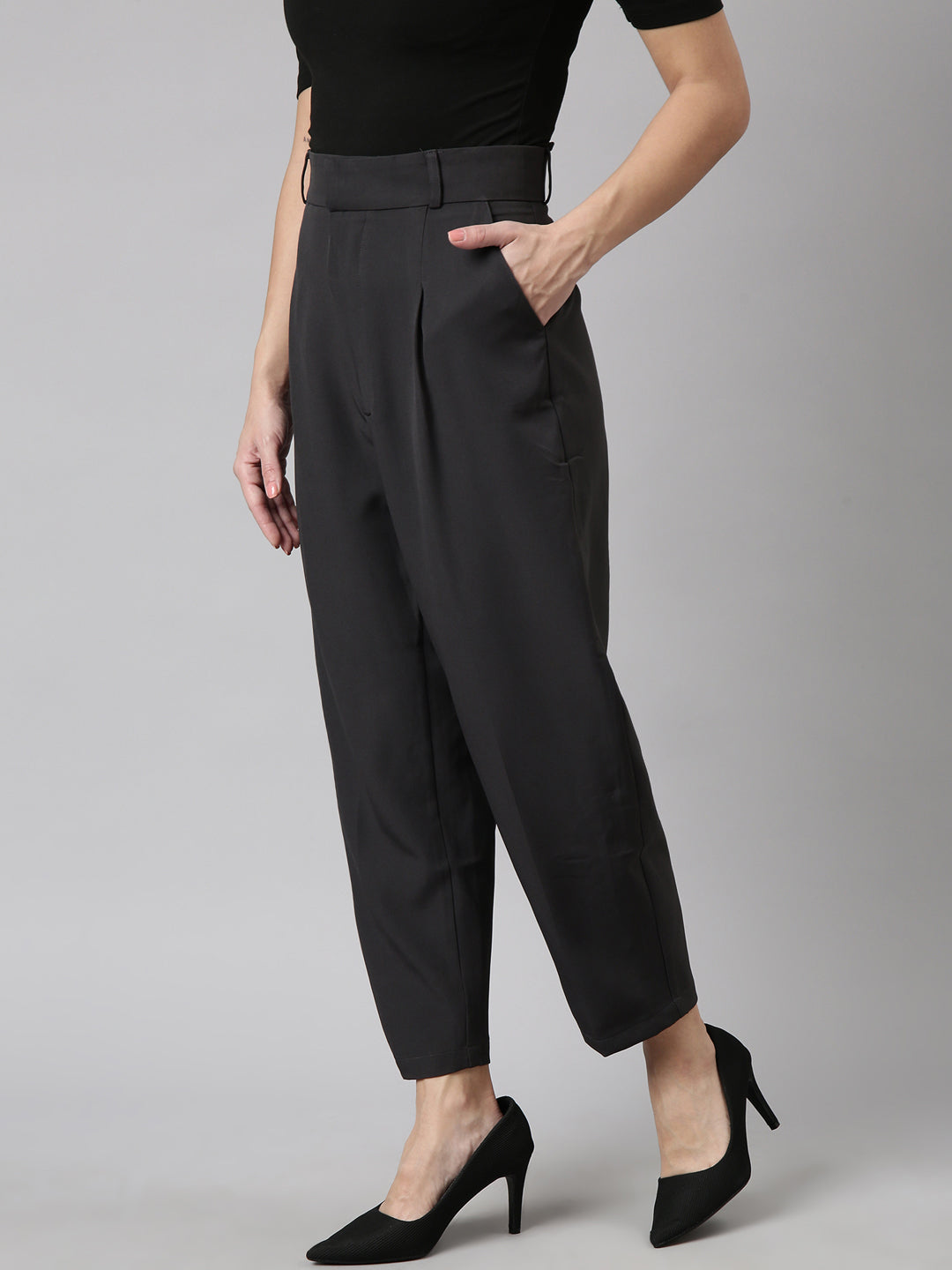 Women Solid Charcoal Formal Trousers