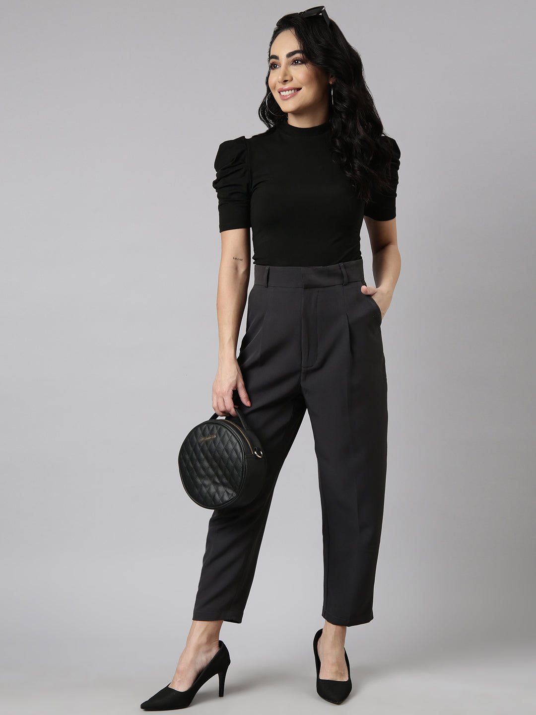 Women Solid Charcoal Formal Trousers