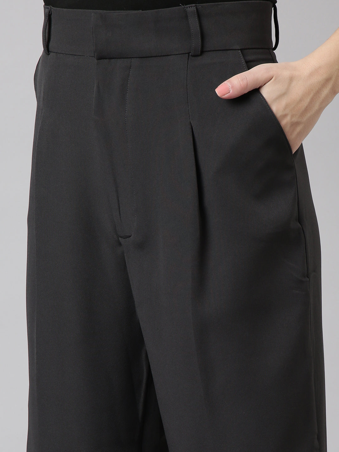 Women Solid Charcoal Formal Trousers