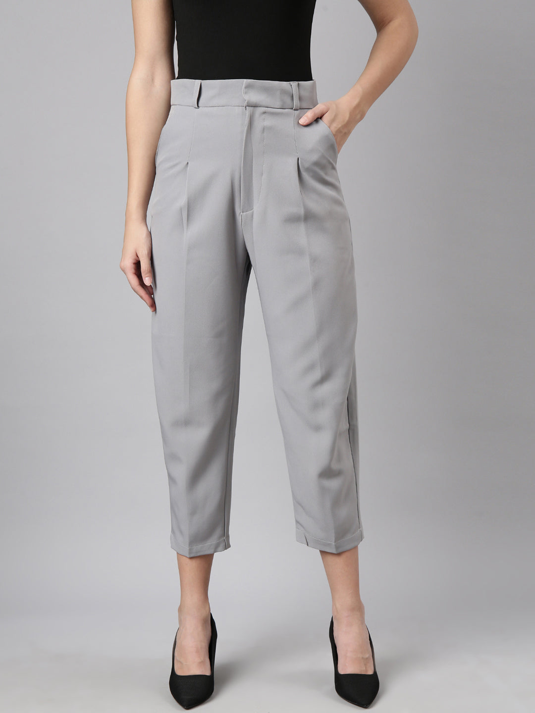 Women Solid Grey Formal Trousers