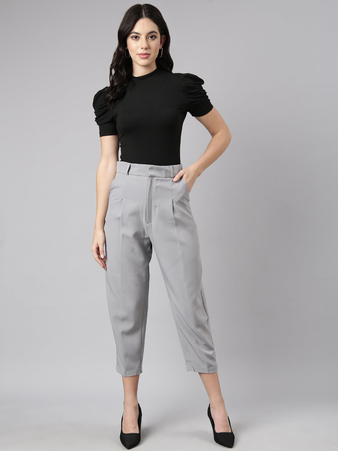 Women Solid Grey Formal Trousers