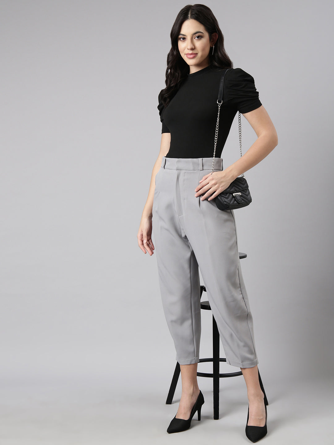 Women Solid Grey Formal Trousers