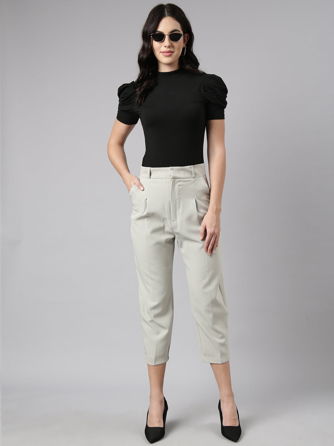 Women Solid Sea green Formal Trousers