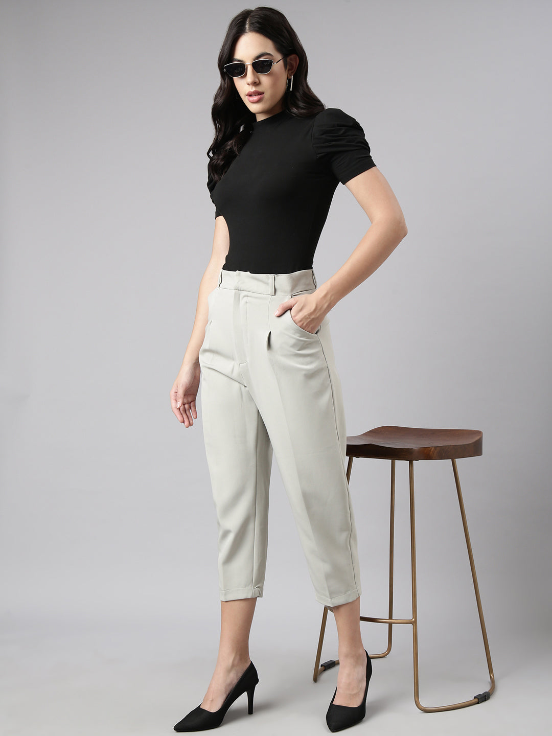 Women Solid Sea green Formal Trousers