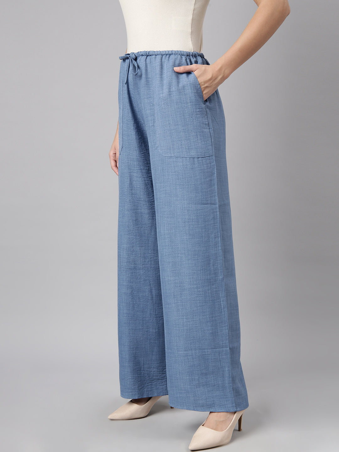 Women Solid Blue Wide Leg Palazzos