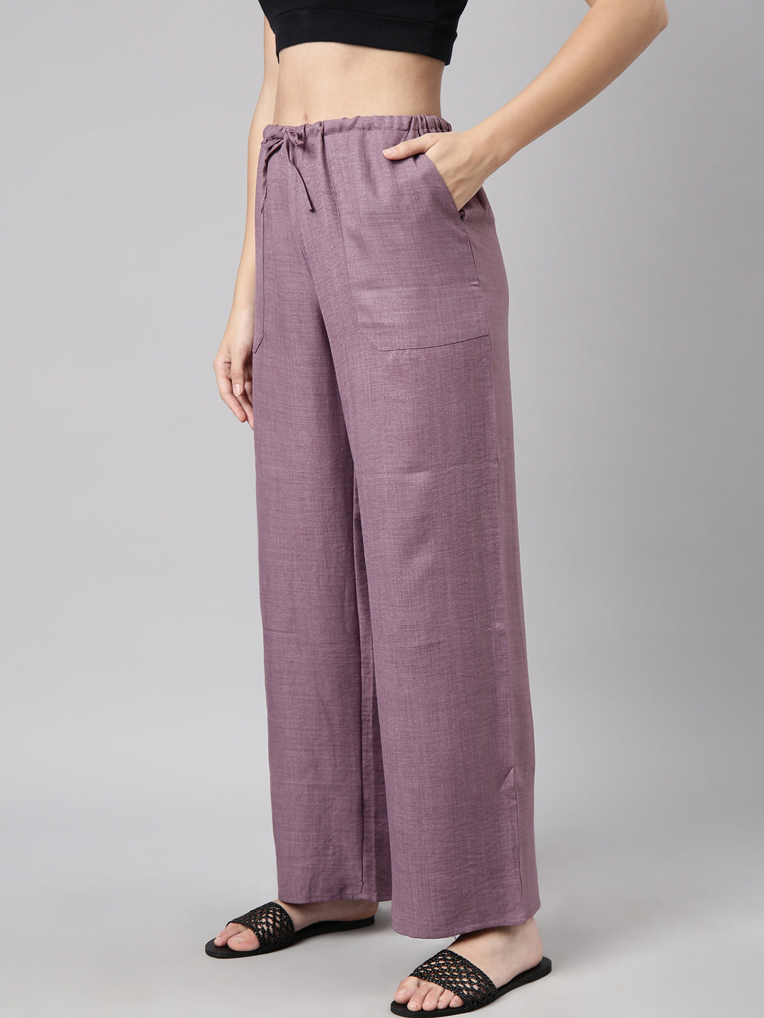 Women Solid Lavender Wide Leg Palazzos