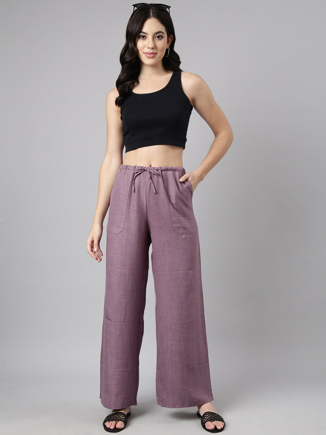 Women Solid Lavender Wide Leg Palazzos