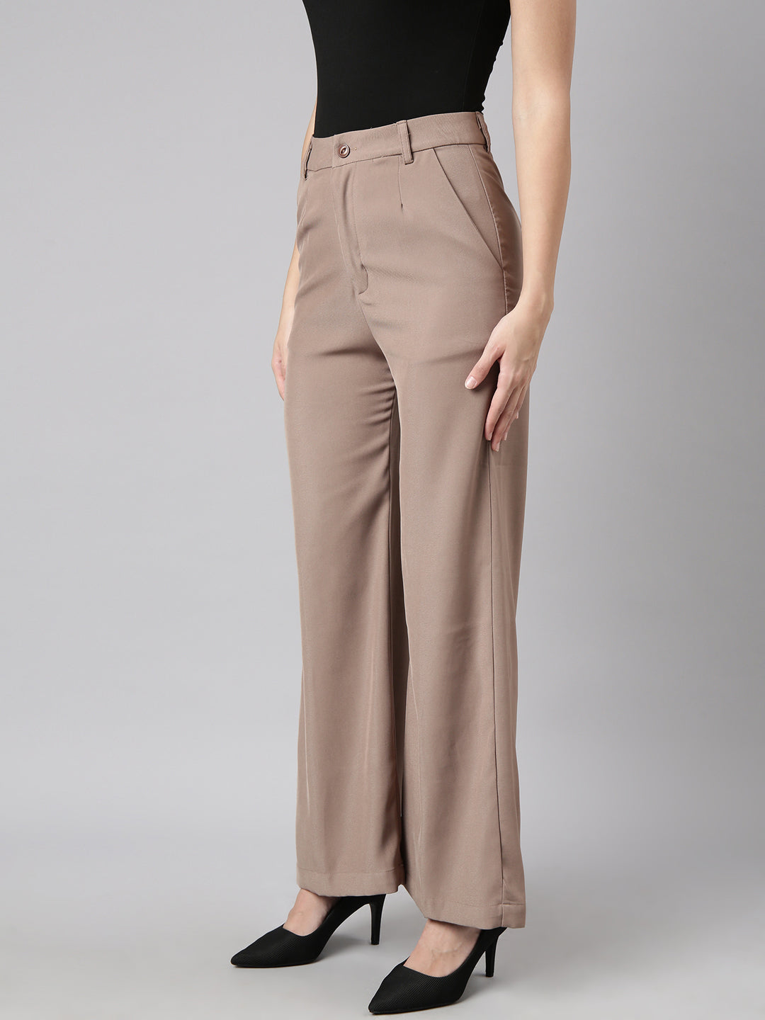 Women Solid Brown Parallel Trousers