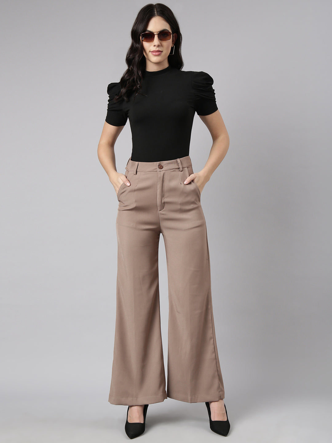 Women Solid Brown Parallel Trousers