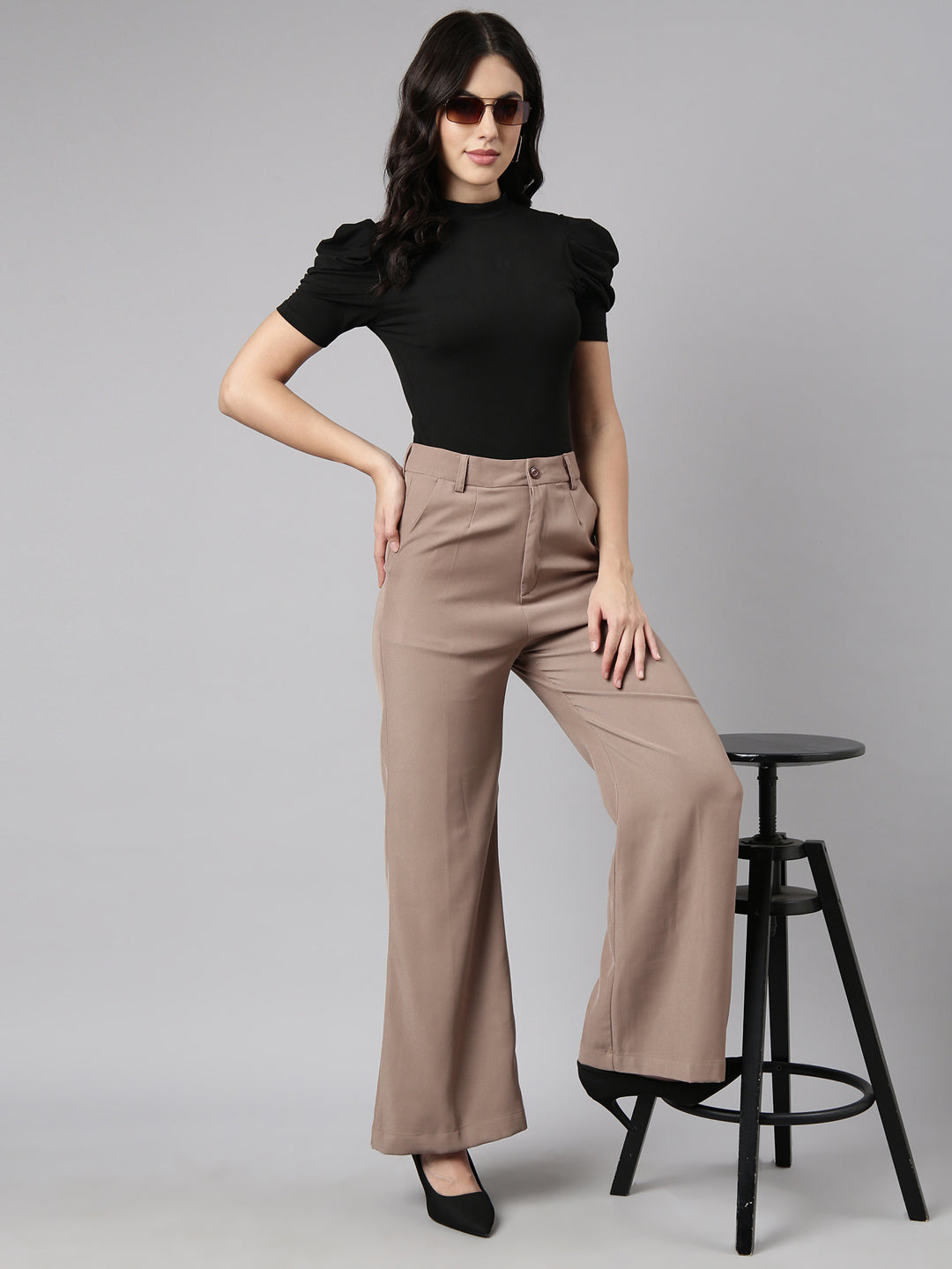 Women Solid Brown Parallel Trousers