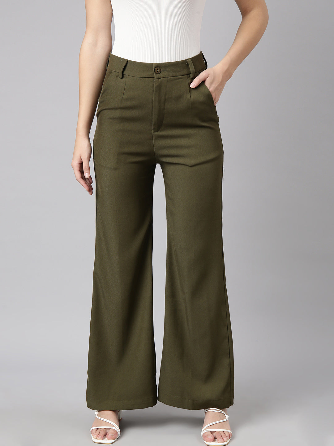 Women Solid Olive Parallel Trousers