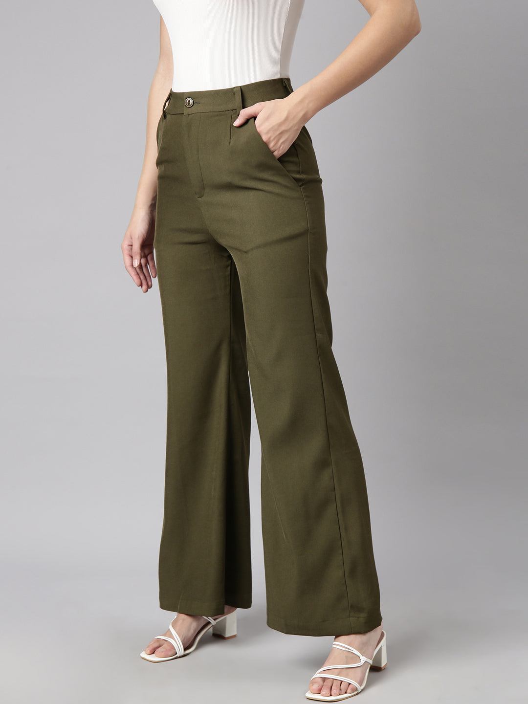 Women Solid Olive Parallel Trousers