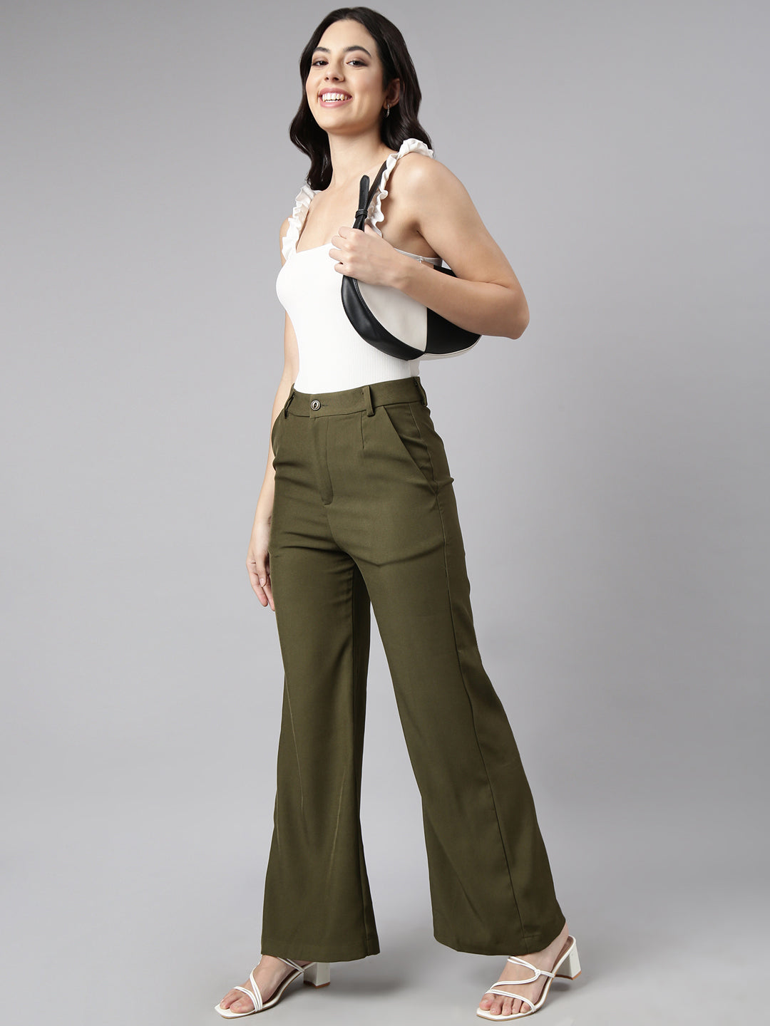 Women Solid Olive Parallel Trousers