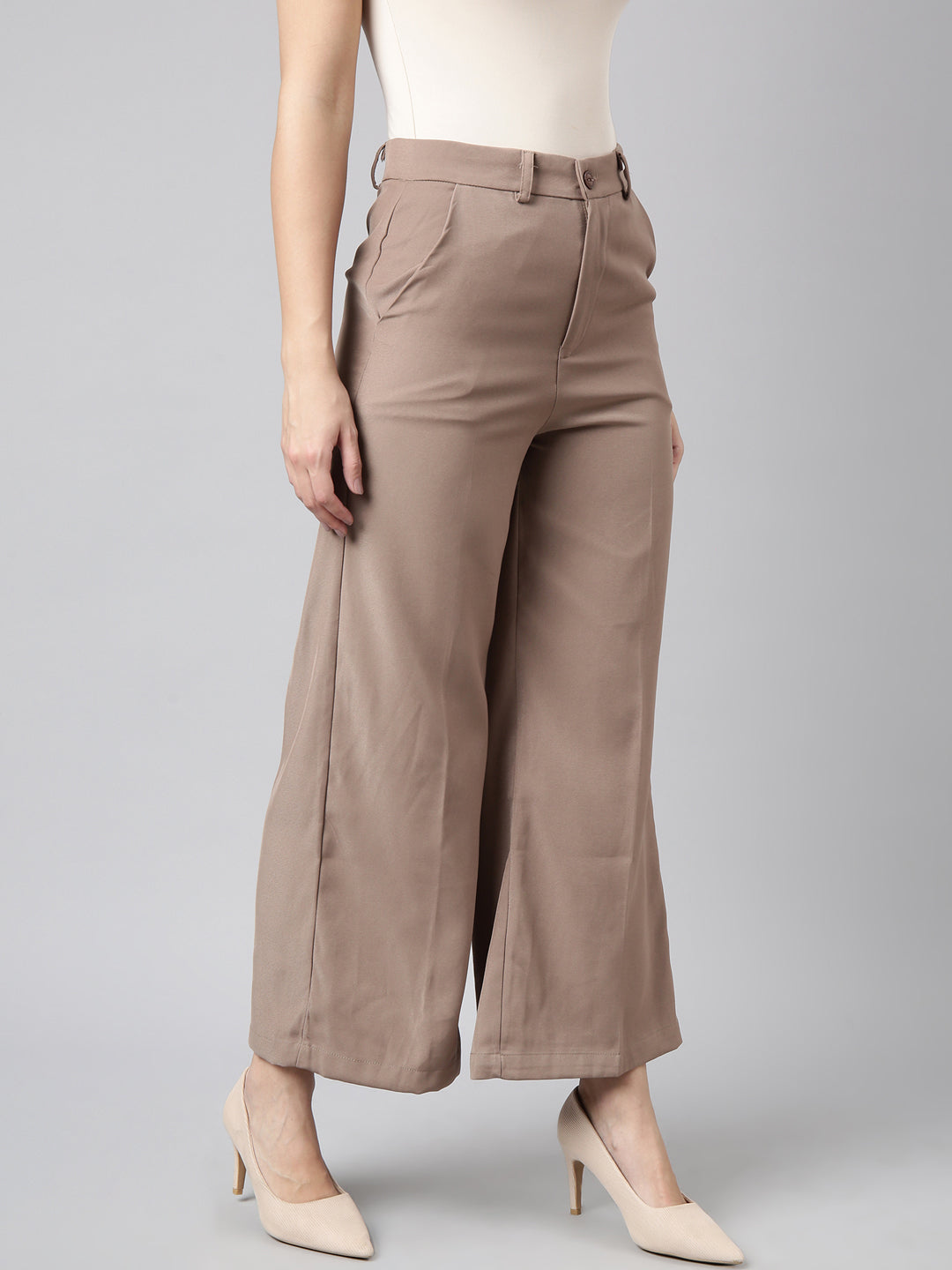 Women Solid Beige Parallel Trousers