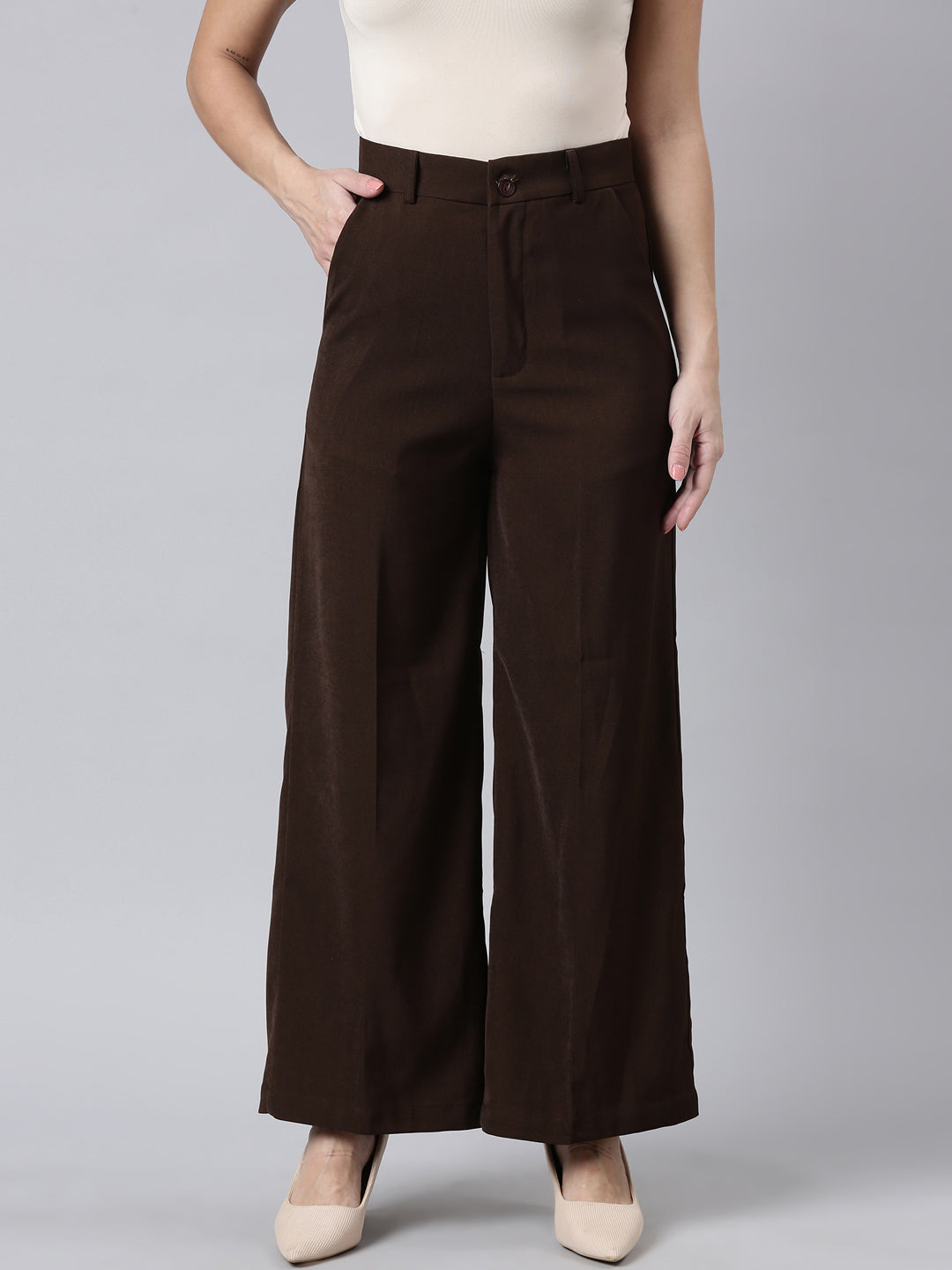 Women Solid Brown Parallel Trousers