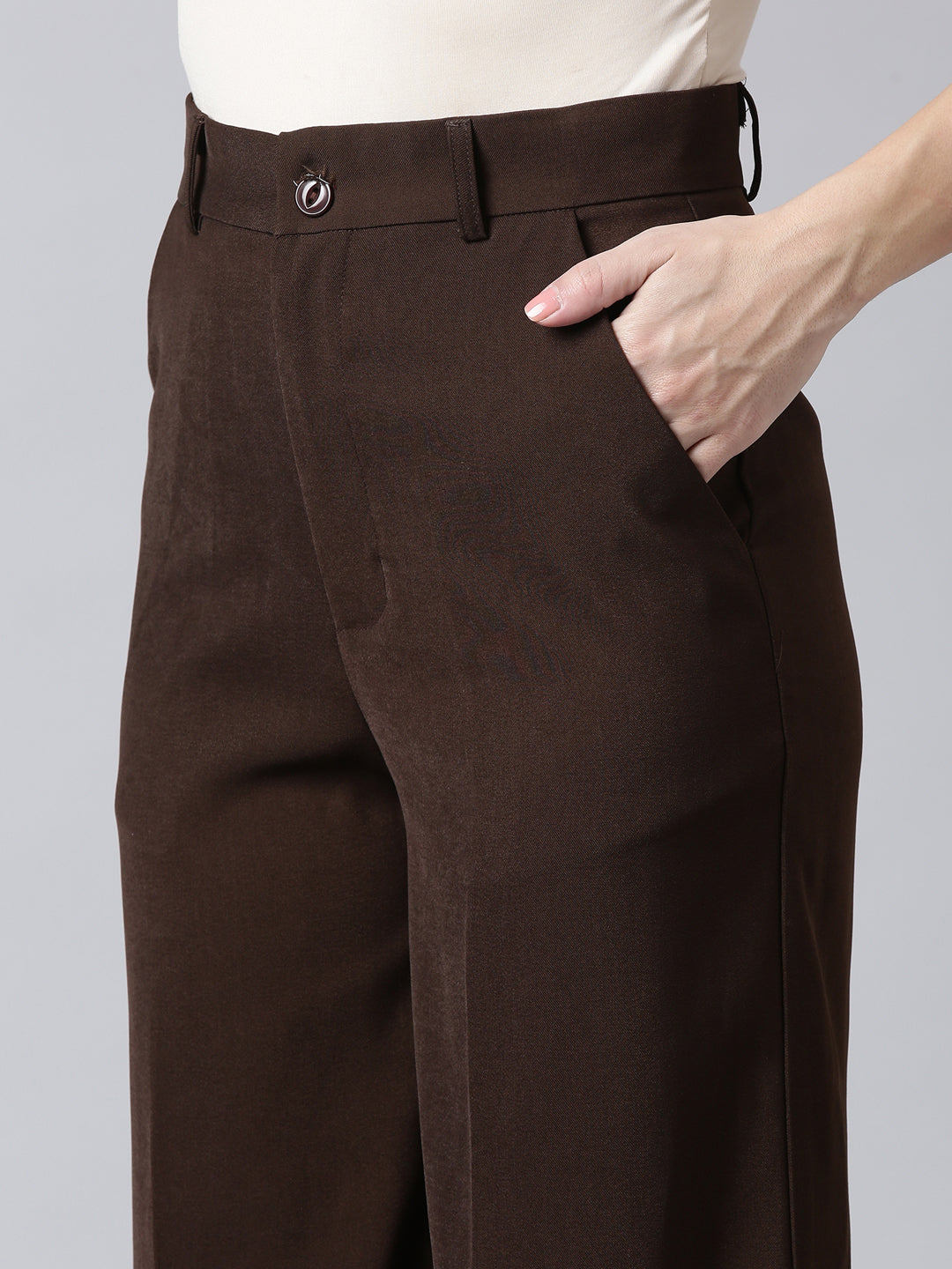 Women Solid Brown Parallel Trousers