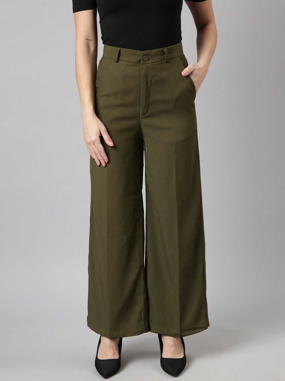 Women Solid Olive Parallel Trousers