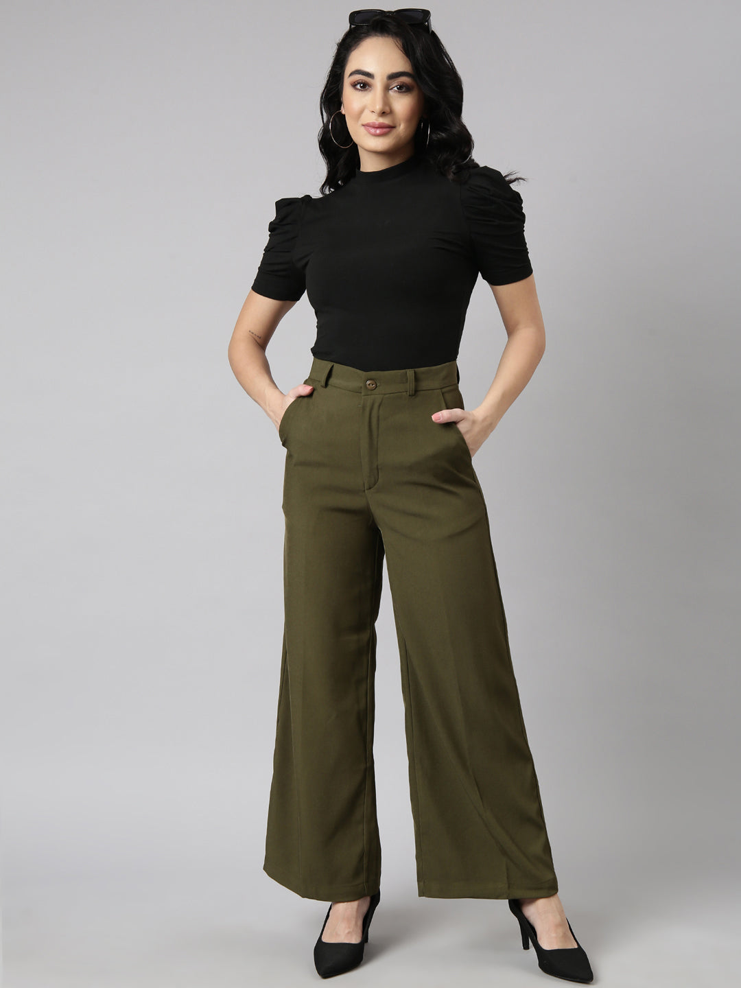 Women Solid Olive Parallel Trousers