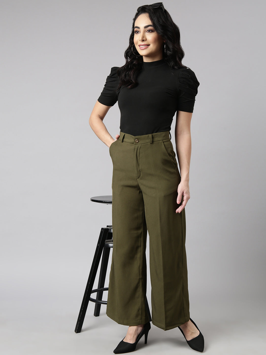 Women Solid Olive Parallel Trousers