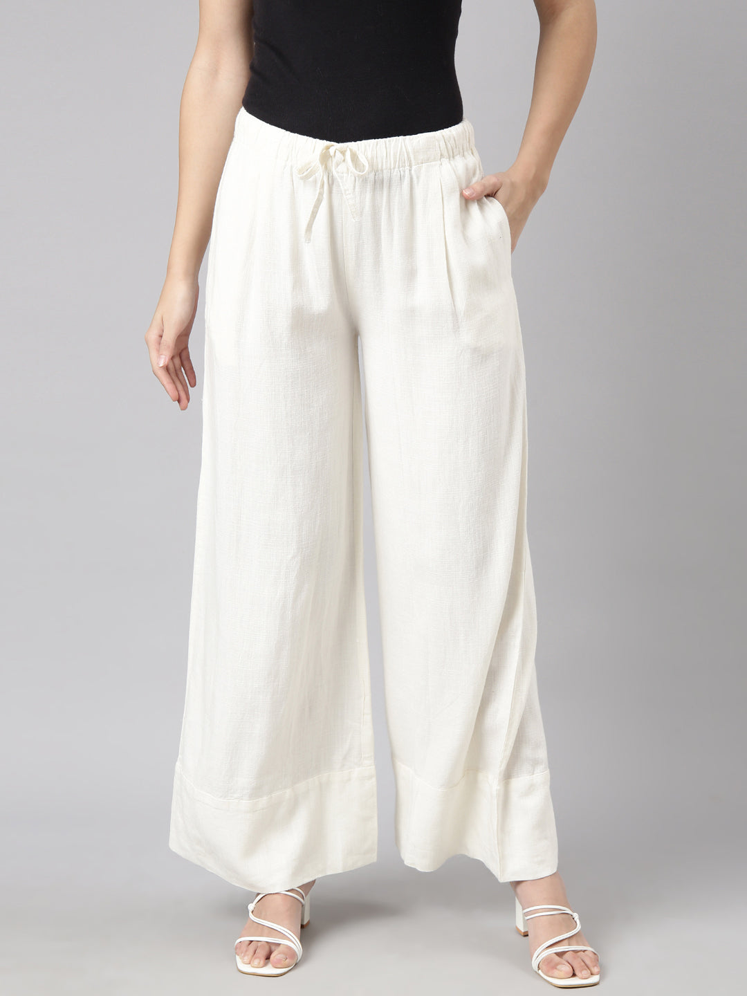 Women Solid Off White Wide Leg Palazzos