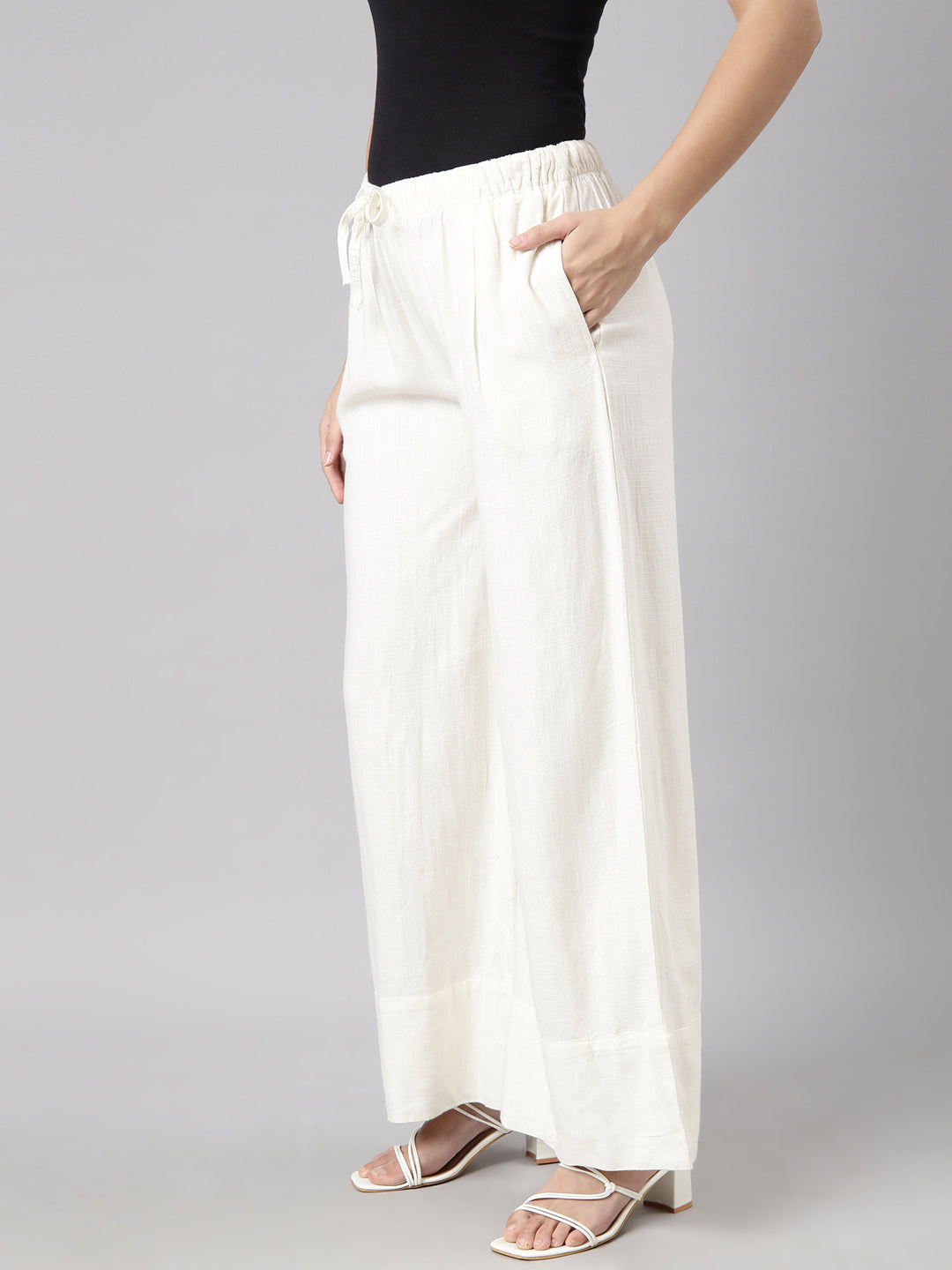 Women Solid Off White Wide Leg Palazzos