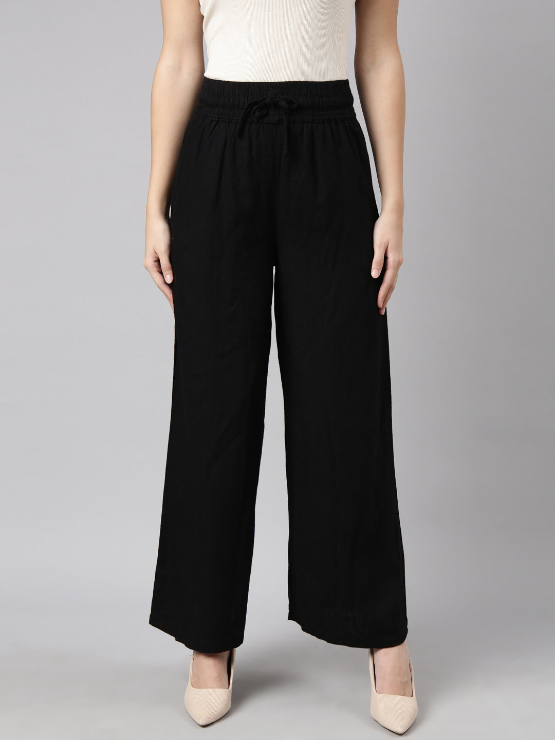 Women Solid Black Wide Leg Palazzos