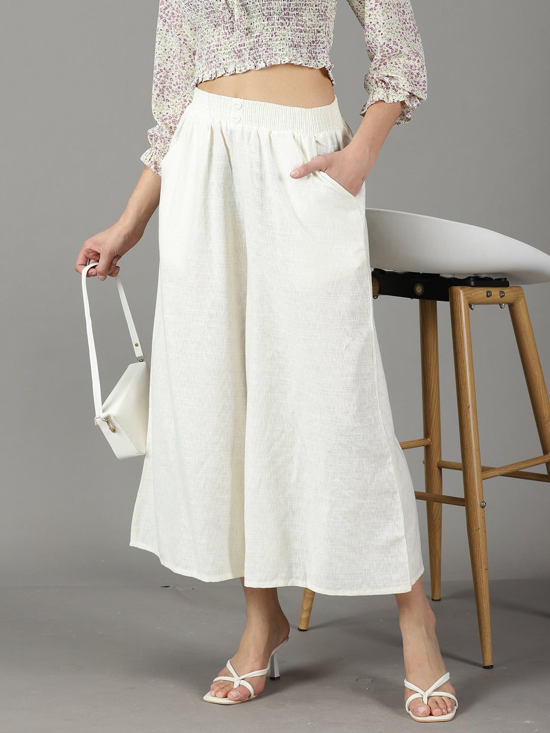 Women's Off White Solid Culottes