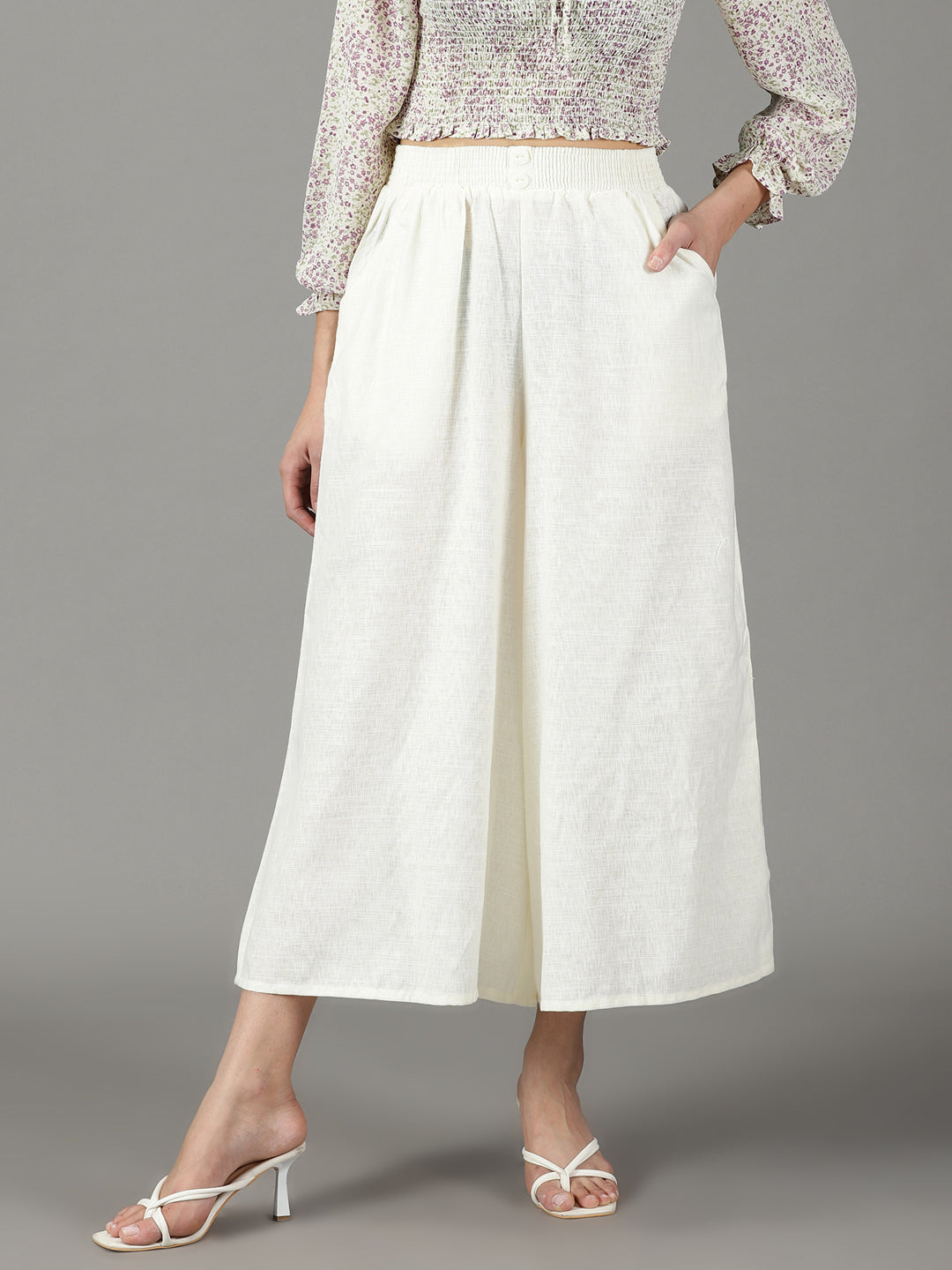 Women's Off White Solid Culottes