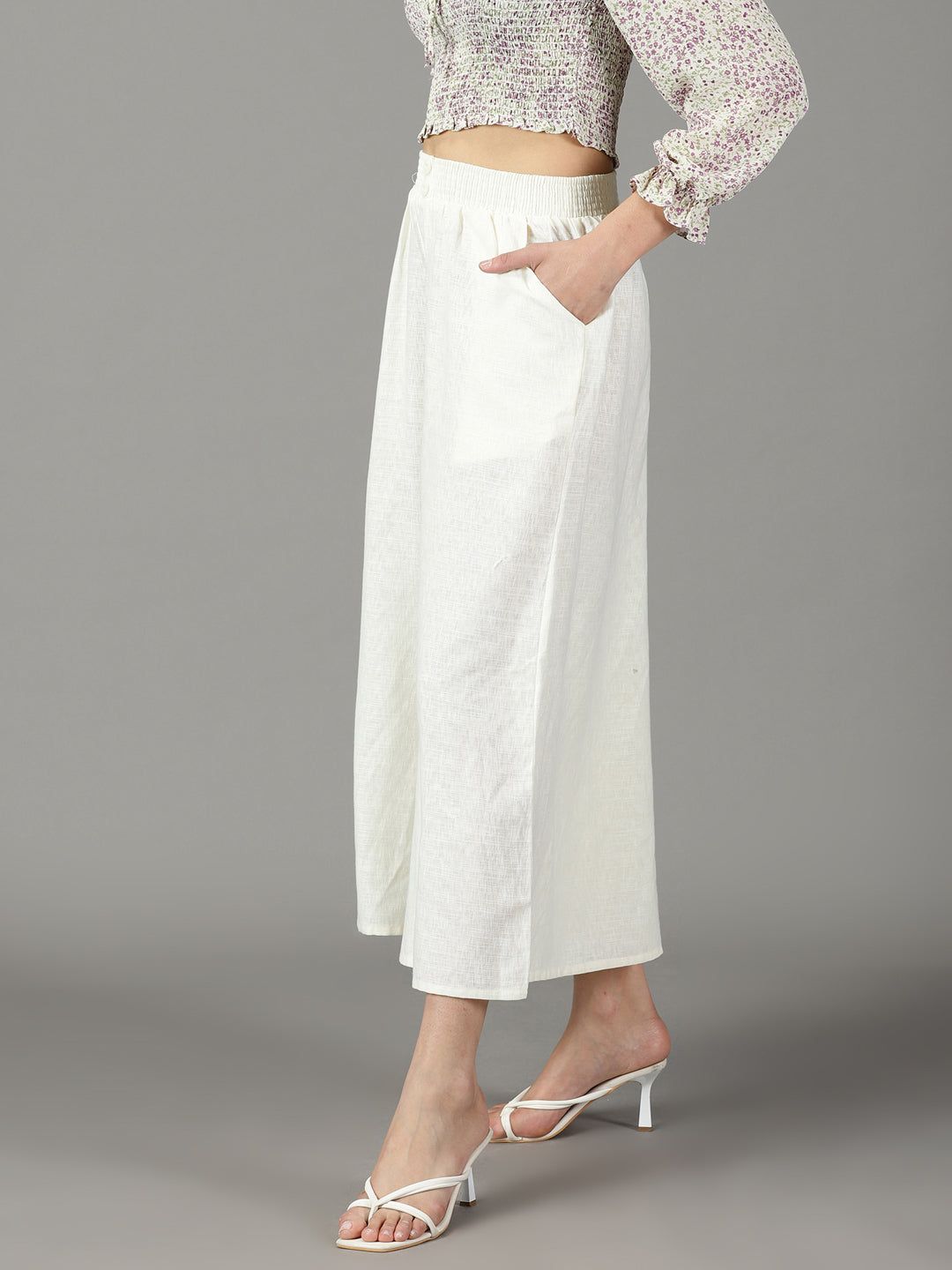 Women's Off White Solid Culottes