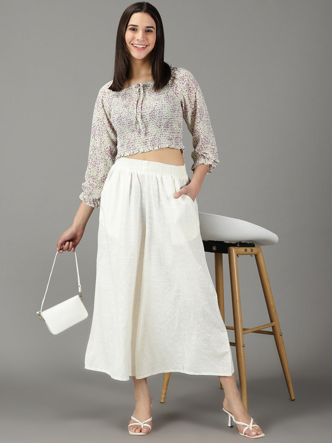 Women's Off White Solid Culottes