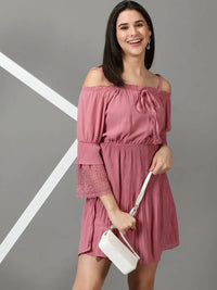 Women's Mauve Shoulder Strap Accordion Pleats Gathered Fit & Flare Dress