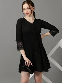 Women's Black V-Neck Accordion Pleats Chiffon A-Line Dress