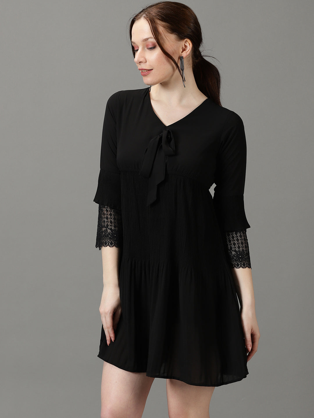 Women's Black V-Neck Accordion Pleats Chiffon A-Line Dress