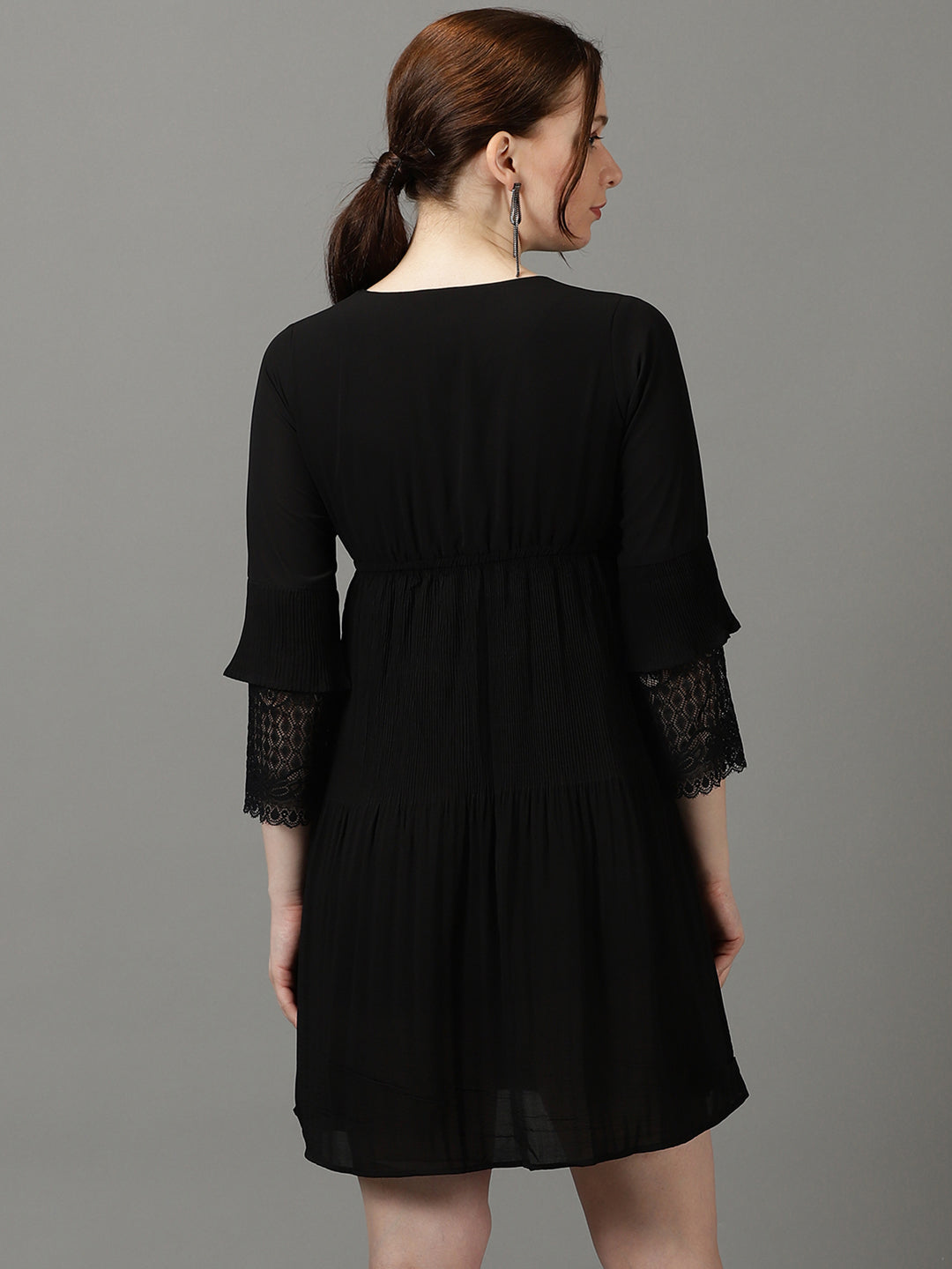 Women's Black V-Neck Accordion Pleats Chiffon A-Line Dress