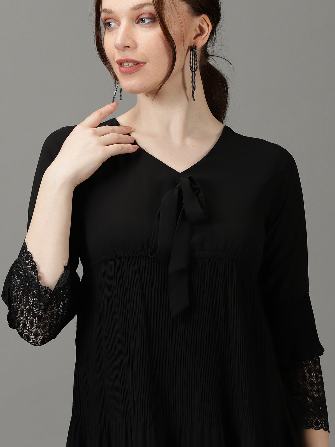 Women's Black V-Neck Accordion Pleats Chiffon A-Line Dress