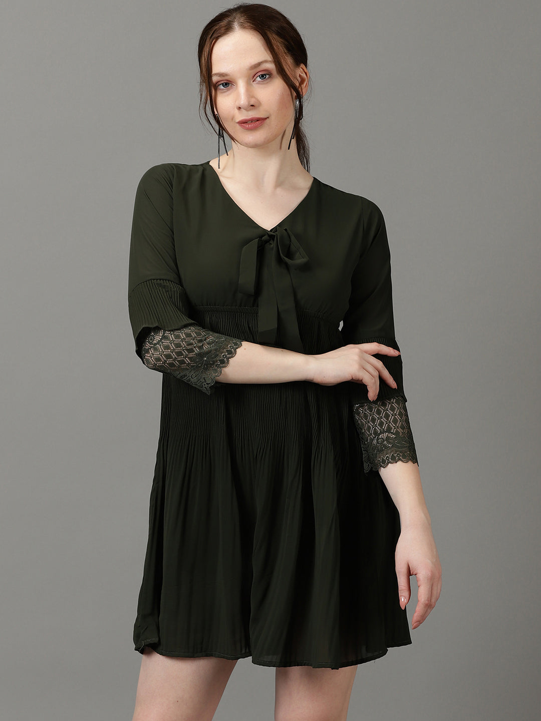 Women's Olive Solid Fit and Flare Dress