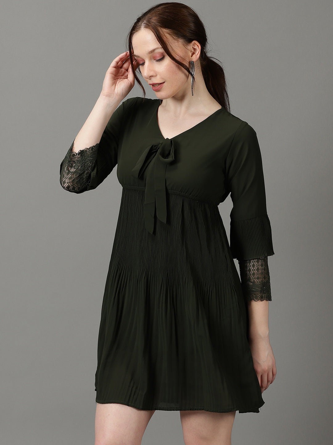 Women's Olive Solid Fit and Flare Dress