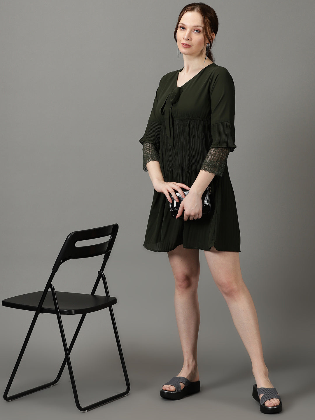 Women's Olive Solid Fit and Flare Dress