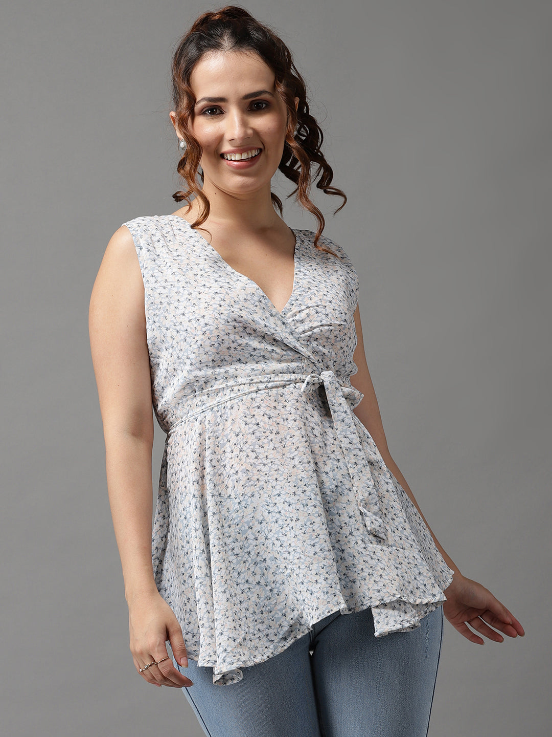 Women's Blue Printed Peplum Top