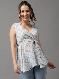 Women's Blue Floral Print Georgette Wrap Top