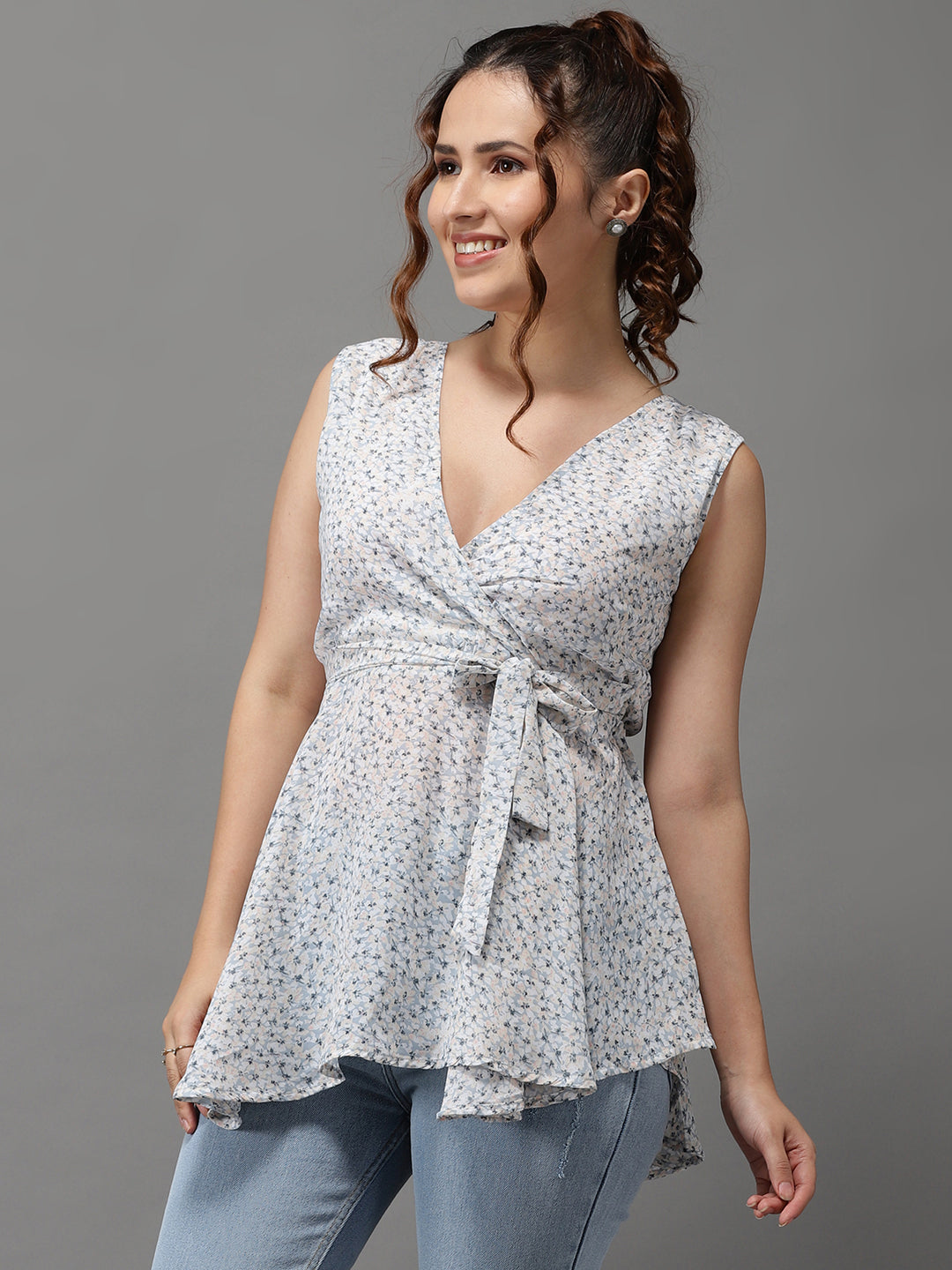 Women's Blue Printed Peplum Top