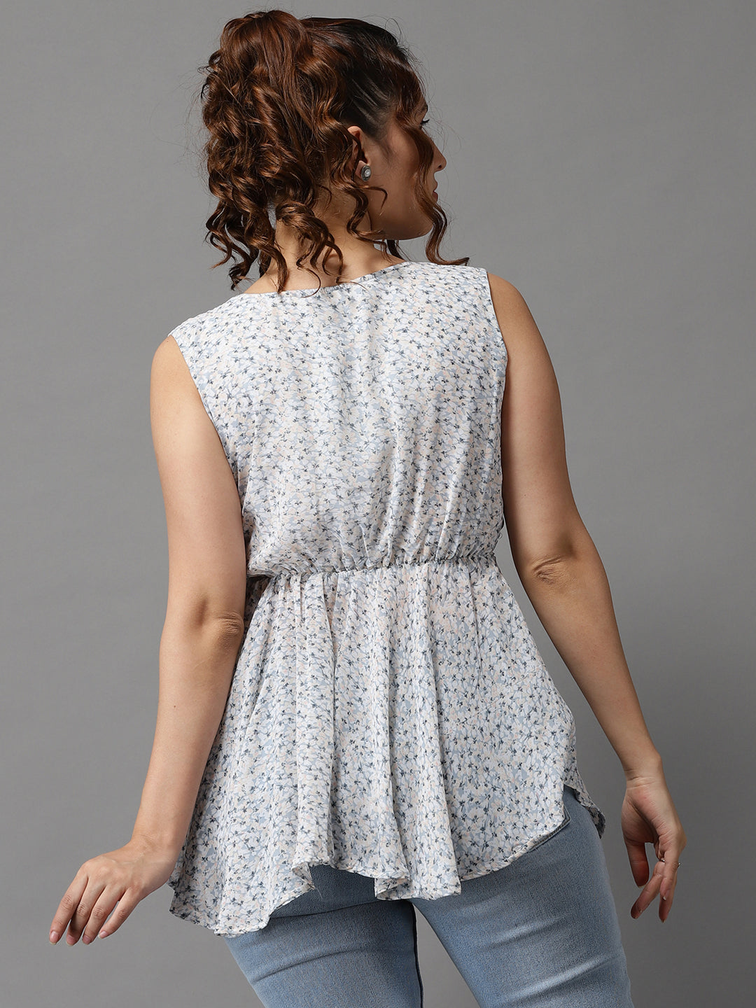 Women's Blue Printed Peplum Top