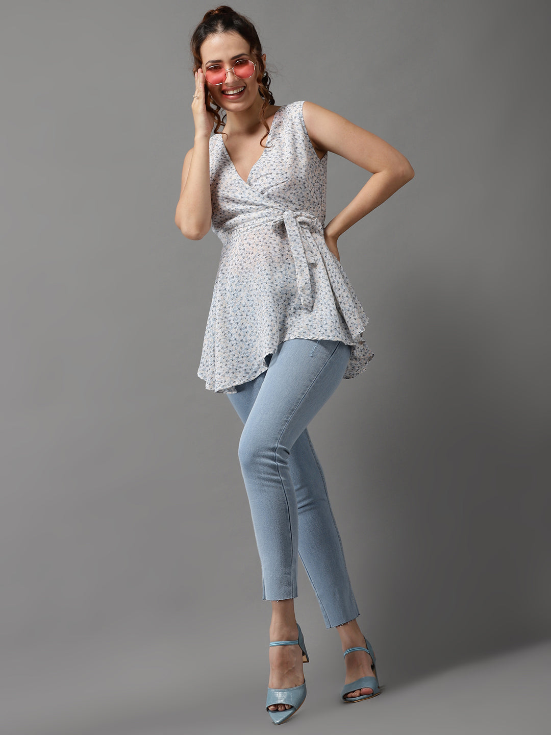 Women's Blue Printed Peplum Top