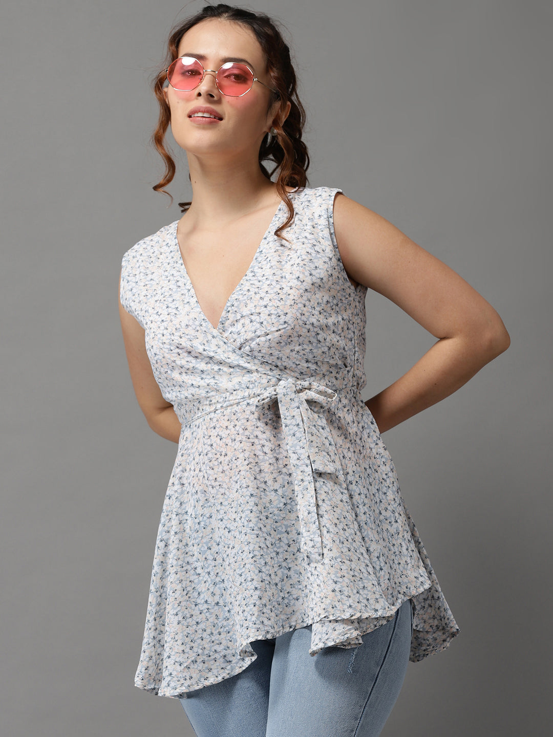 Women's Blue Printed Peplum Top