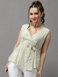 Women's Green Print V-Neck Georgette Cinched Waist Top