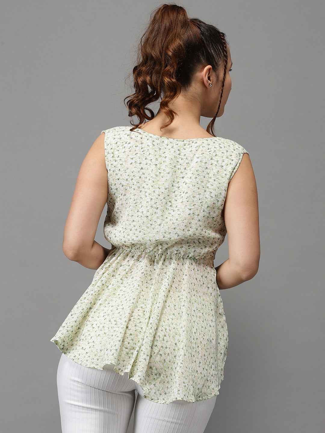 Women's Green Printed Peplum Top