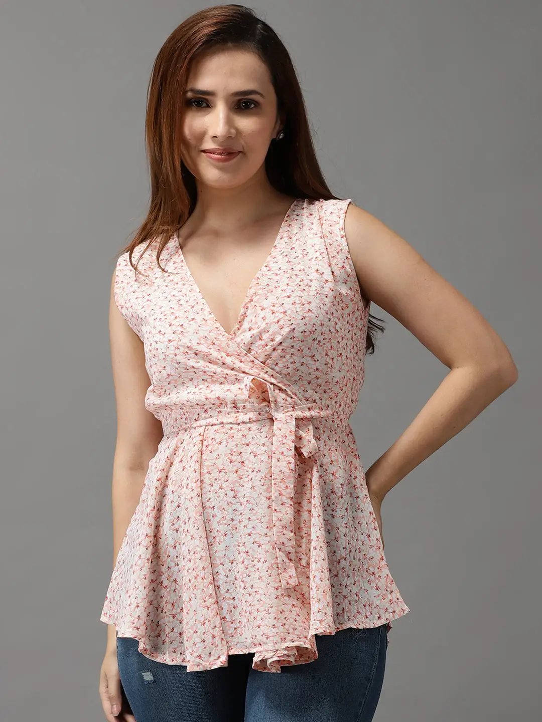 Women's Peach Printed Peplum Top