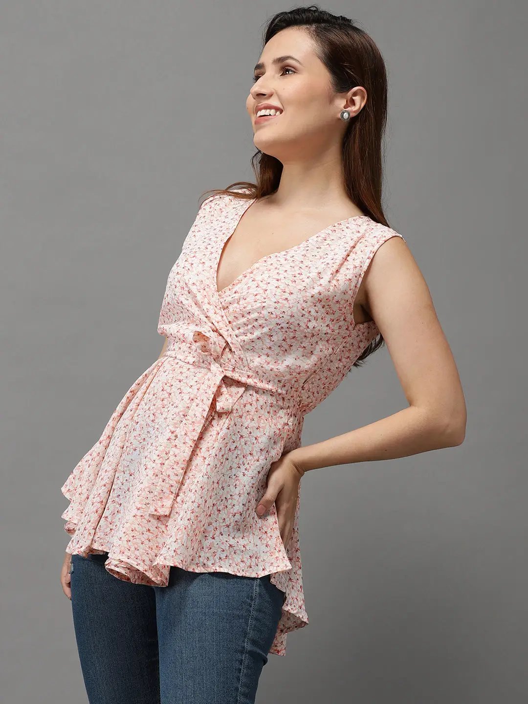 Women's Peach Printed Peplum Top