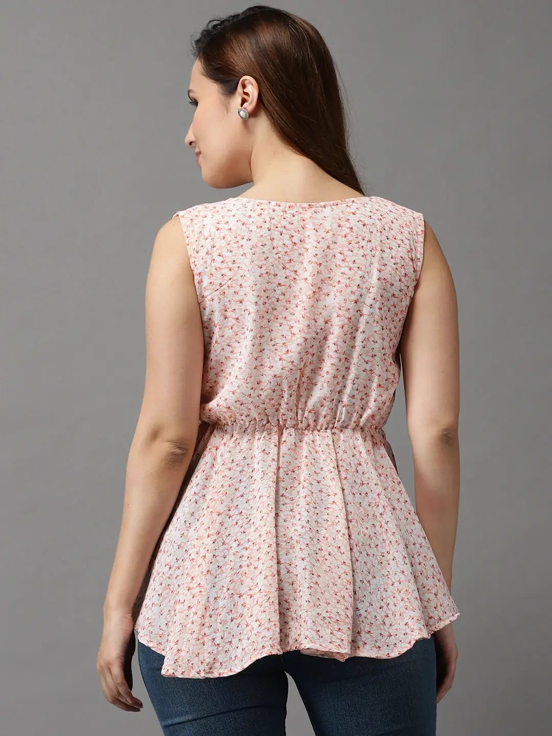Women's Peach Printed Peplum Top