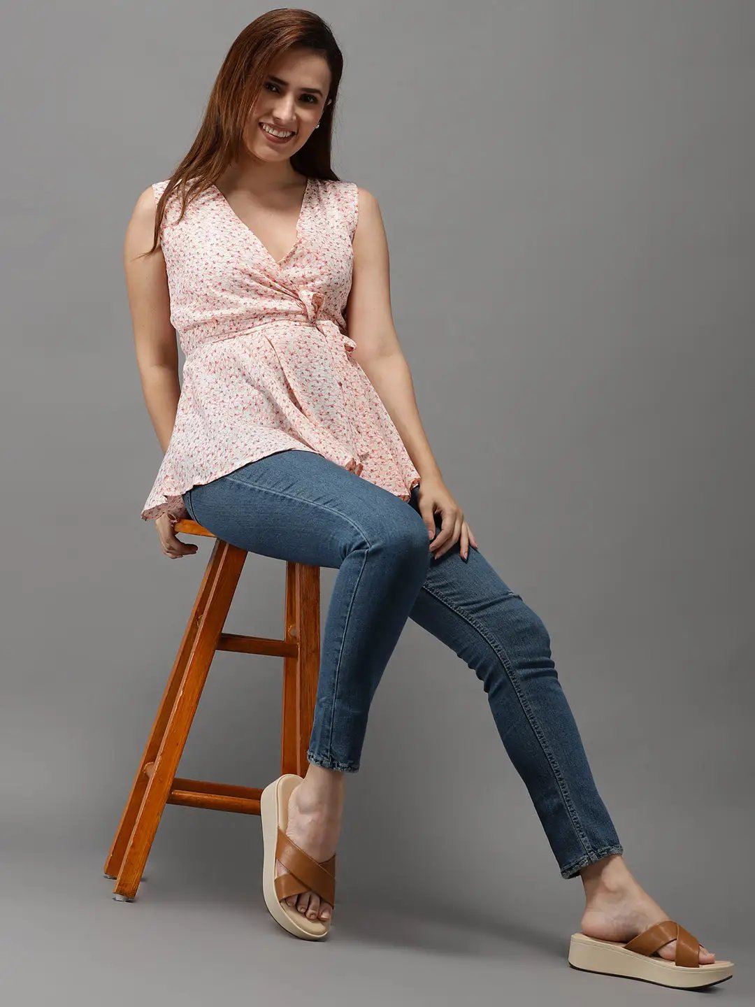 Women's Peach Printed Peplum Top